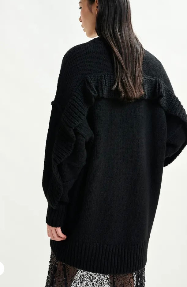 Essentiel Antwerp Black knit mini dress with ruffle detail
