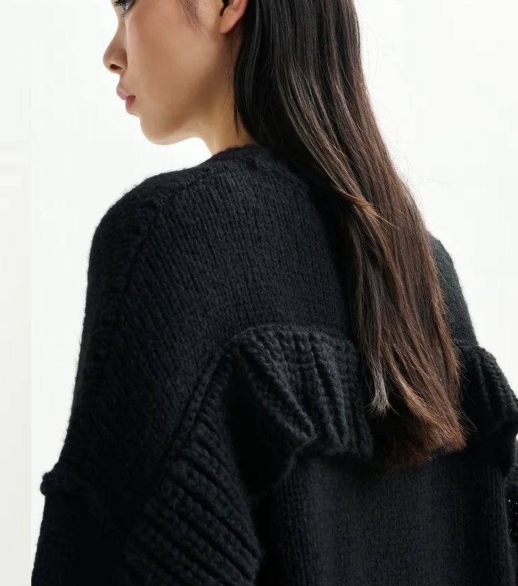 Essentiel Antwerp Black knit mini dress with ruffle detail