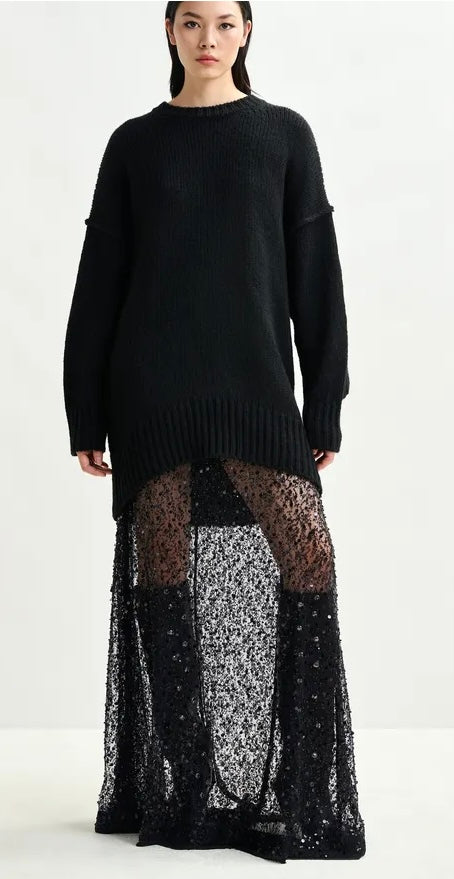 Essentiel Antwerp Black knit mini dress with ruffle detail