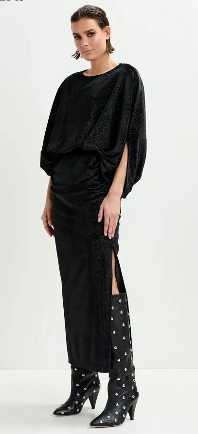 Essentiel Antwerp Black Velvet Long Evening dress with cape-like sleeves