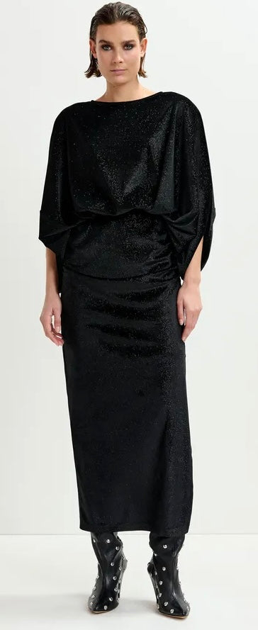 Essentiel Antwerp Black Velvet Long Evening dress with cape-like sleeves