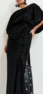 Essentiel Antwerp Black Velvet Long Evening dress with cape-like sleeves