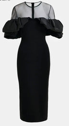 Essentiel Antwerp Black sheer yoke midi dress with sculptural ruffles
