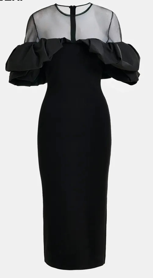 Essentiel Antwerp Black sheer yoke midi dress with sculptural ruffles