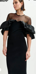 Essentiel Antwerp Black sheer yoke midi dress with sculptural ruffles