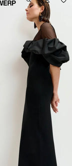 Essentiel Antwerp Black sheer yoke midi dress with sculptural ruffles