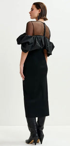 Essentiel Antwerp Black sheer yoke midi dress with sculptural ruffles