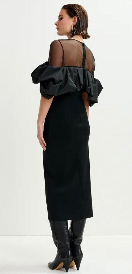 Essentiel Antwerp Black sheer yoke midi dress with sculptural ruffles