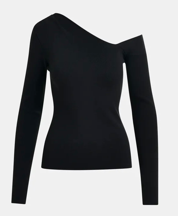Essentiel Antwerp Black rib-knitted sweater with asymmetric neckline