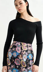 Essentiel Antwerp Black rib-knitted sweater with asymmetric neckline