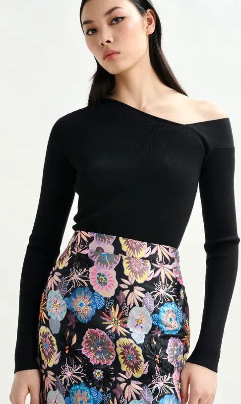 Essentiel Antwerp Black rib-knitted sweater with asymmetric neckline