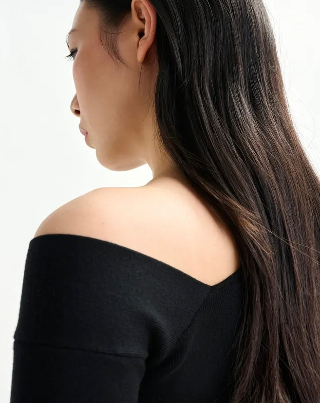 Essentiel Antwerp Black rib-knitted sweater with asymmetric neckline