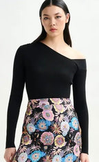 Essentiel Antwerp Black rib-knitted sweater with asymmetric neckline