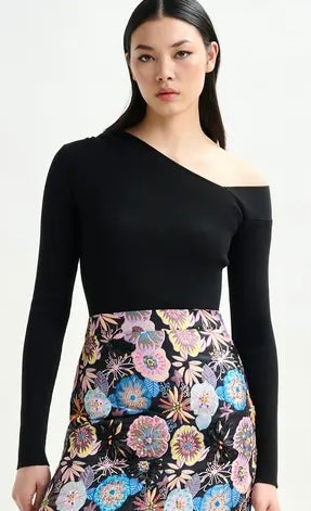 Essentiel Antwerp Black rib-knitted sweater with asymmetric neckline