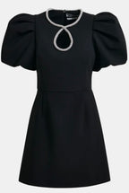 Essentiel Antwerp Black mini dress with puff sleeves and rhinestone-embellished keyhole neckline