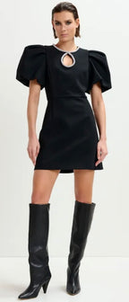 Essentiel Antwerp Black mini dress with puff sleeves and rhinestone-embellished keyhole neckline