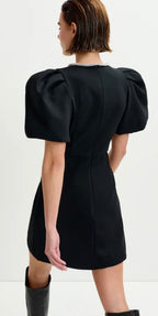 Essentiel Antwerp Black mini dress with puff sleeves and rhinestone-embellished keyhole neckline