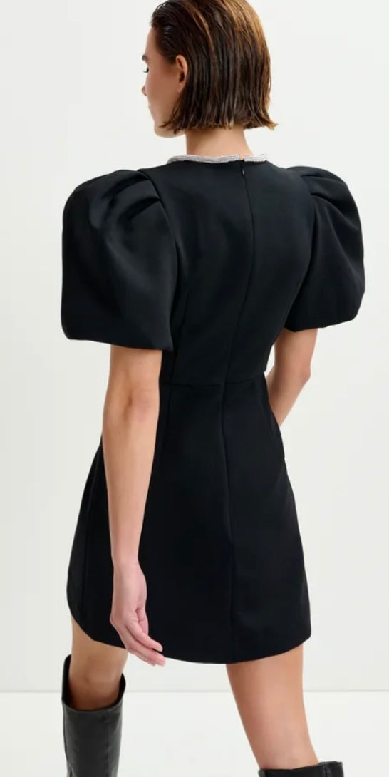 Essentiel Antwerp Black mini dress with puff sleeves and rhinestone-embellished keyhole neckline