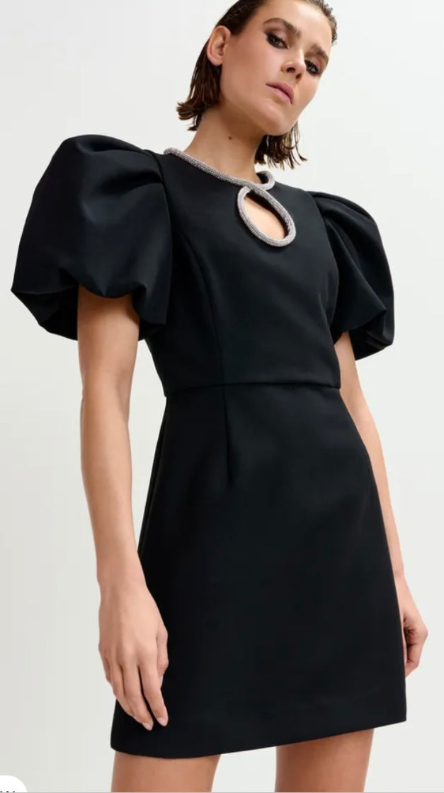 Essentiel Antwerp Black mini dress with puff sleeves and rhinestone-embellished keyhole neckline
