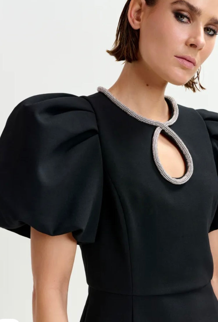 Essentiel Antwerp Black mini dress with puff sleeves and rhinestone-embellished keyhole neckline