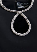 Essentiel Antwerp Black mini dress with puff sleeves and rhinestone-embellished keyhole neckline