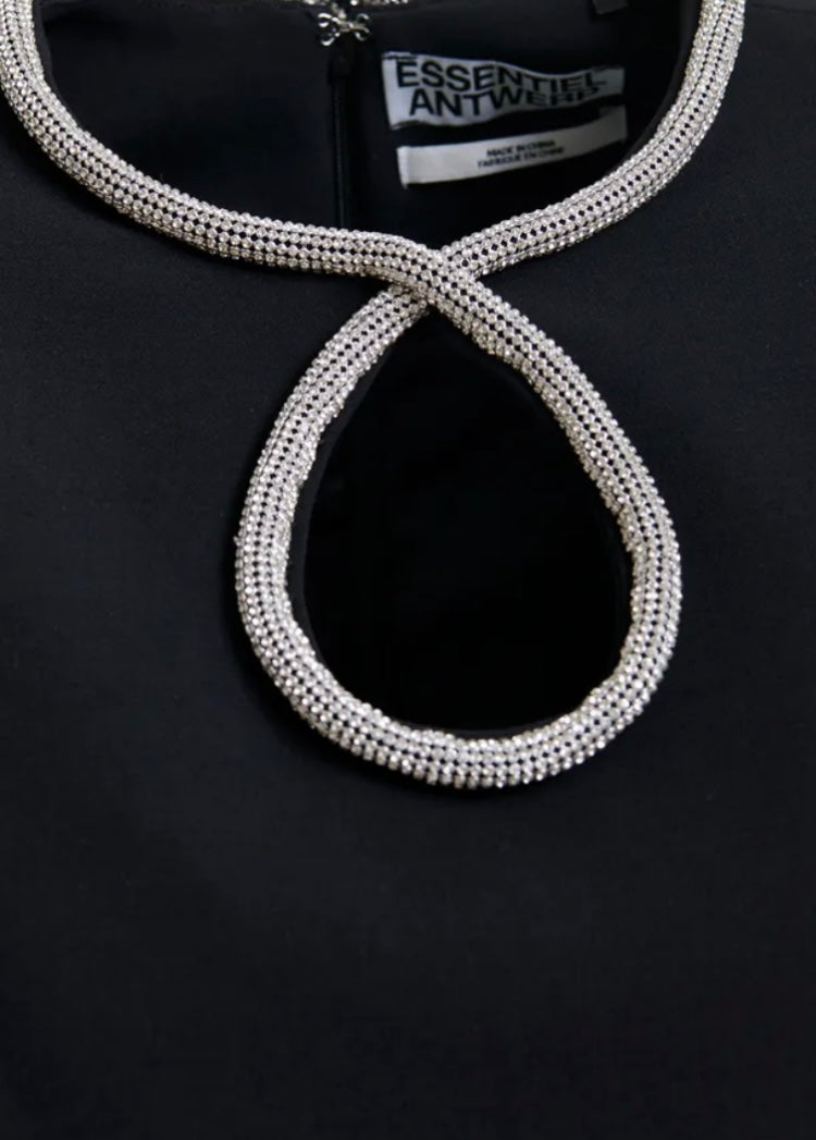 Essentiel Antwerp Black mini dress with puff sleeves and rhinestone-embellished keyhole neckline