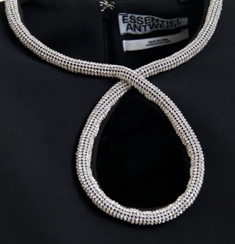 Essentiel Antwerp Black mini dress with puff sleeves and rhinestone-embellished keyhole neckline