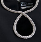 Essentiel Antwerp Black mini dress with puff sleeves and rhinestone-embellished keyhole neckline