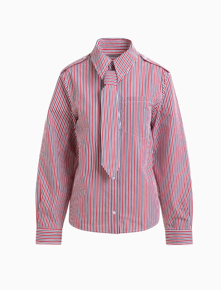 Essentiel Antwerp Red Stripe Cotton Shirt with Neck-Tie