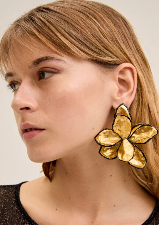 Nali Large Gold / Black Large Over Flower Statement Earrings