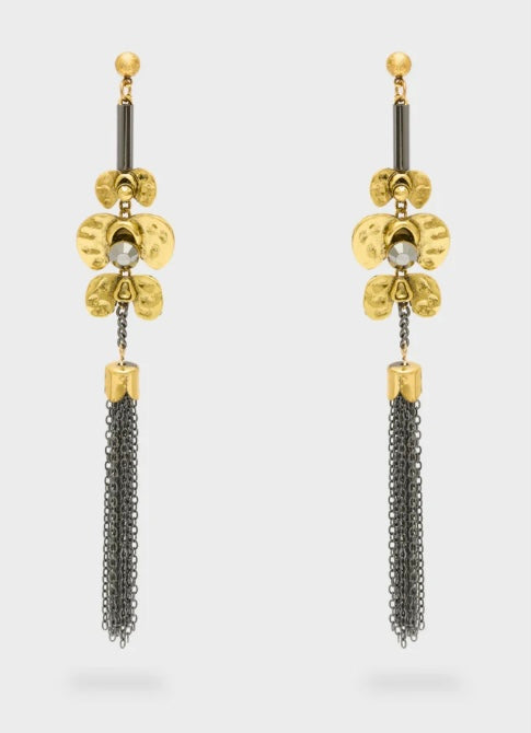 NALI Gold Flower & Black Chain Long Earrings