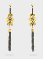 NALI Gold Flower & Black Chain Long Earrings