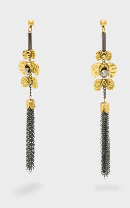 NALI Gold Flower & Black Chain Long Earrings