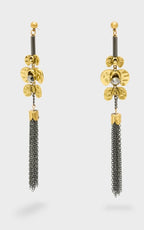 NALI Gold Flower & Black Chain Long Earrings