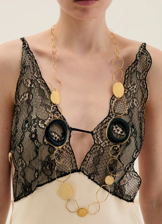 NALI Gold Links & Black Enamel Long Necklace Chain