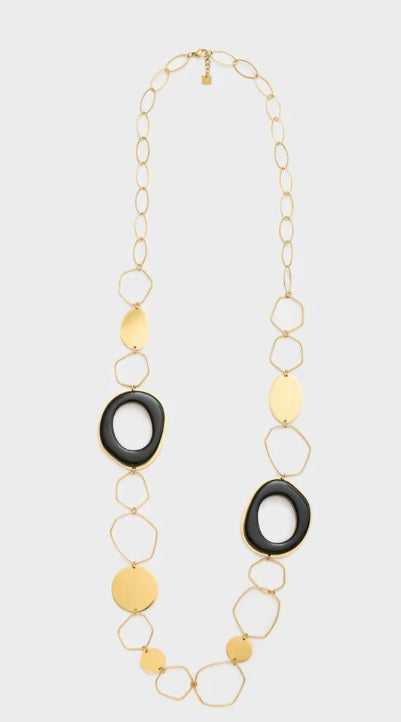 NALI Gold Links & Black Enamel Long Necklace Chain