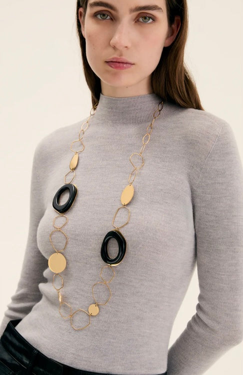 NALI Gold Links & Black Enamel Long Necklace Chain