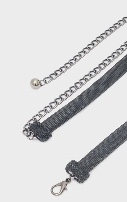 NALI Black Crystal Thin Chain Belt