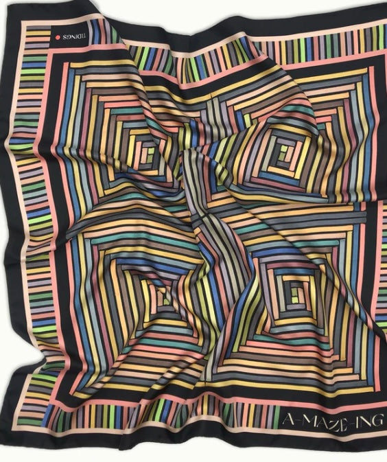 TIDINGS " Amazing " Black / Navy Multicoloured Geometric Strip Large Statement Silk Scarf