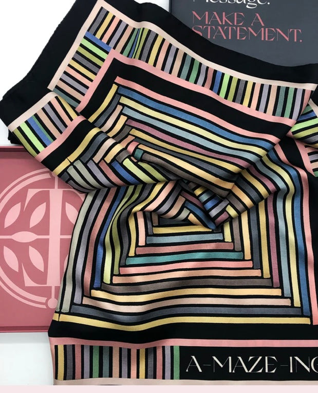 TIDINGS " Amazing " Black / Navy Multicoloured Geometric Strip Large Statement Silk Scarf