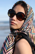 TIDINGS " Amazing " Black / Navy Multicoloured Geometric Strip Large Statement Silk Scarf