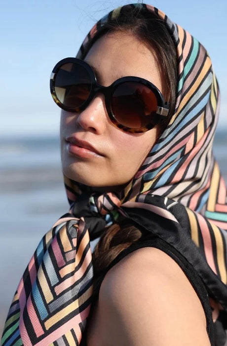 TIDINGS " Amazing " Black / Navy Multicoloured Geometric Strip Large Statement Silk Scarf