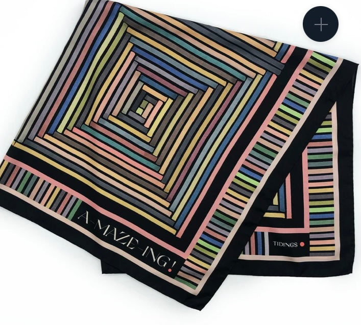 TIDINGS " Amazing " Black / Navy Multicoloured Geometric Strip Large Statement Silk Scarf