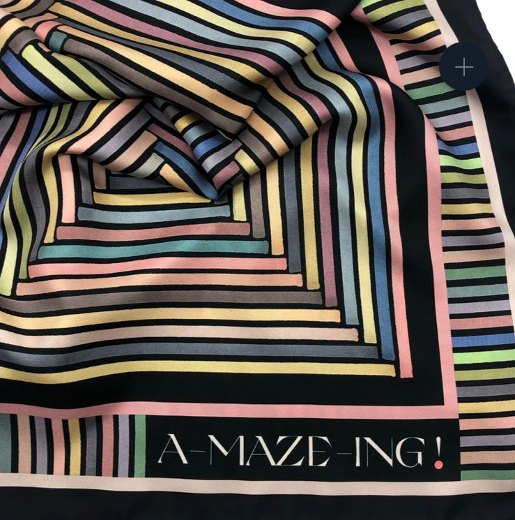 TIDINGS " Amazing " Black / Navy Multicoloured Geometric Strip Large Statement Silk Scarf