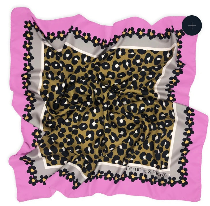 TIDINGS Pink Leopard Print Femme & Fierce Large Statement Silk Scarf