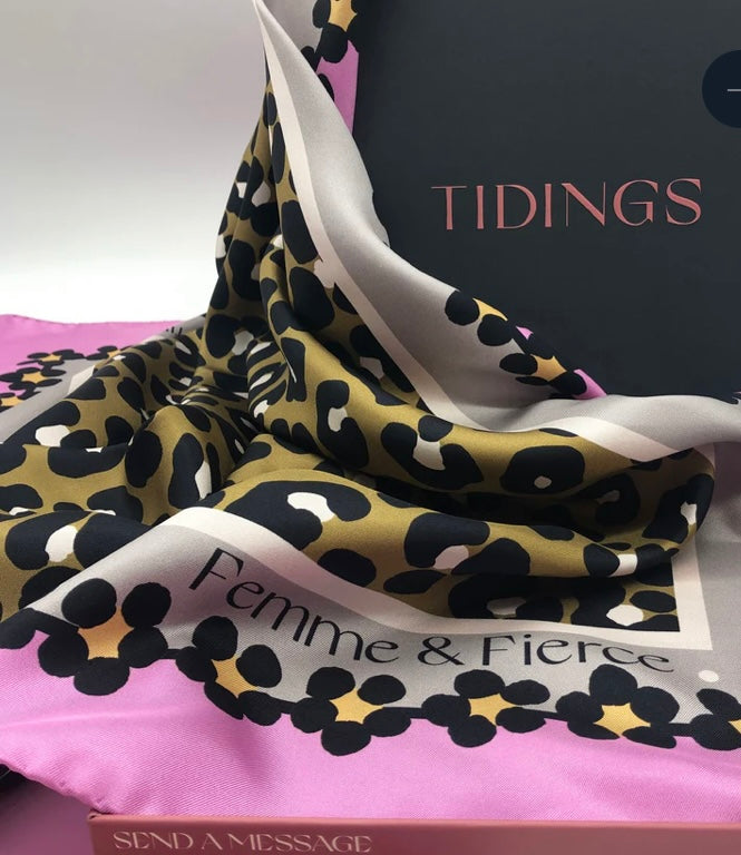TIDINGS Pink Leopard Print Femme & Fierce Large Statement Silk Scarf