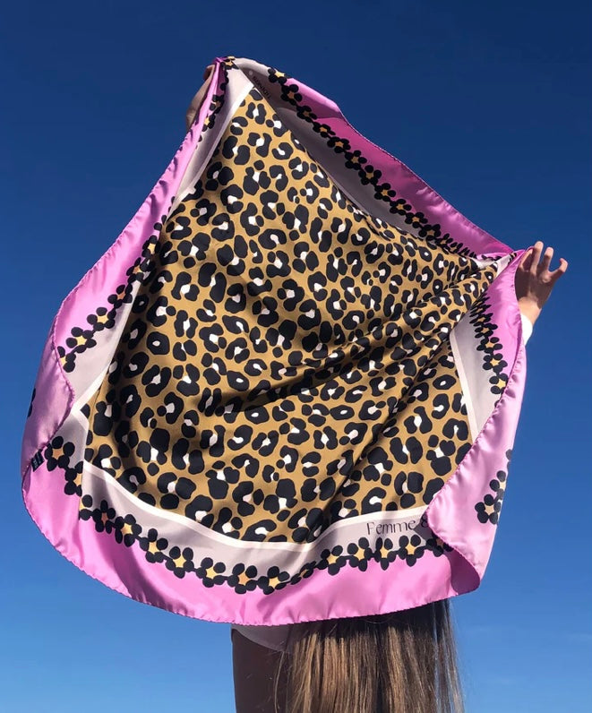 TIDINGS Pink Leopard Print Femme & Fierce Large Statement Silk Scarf