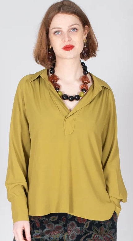 Beatrice B Khaki Classic Silk Blouse