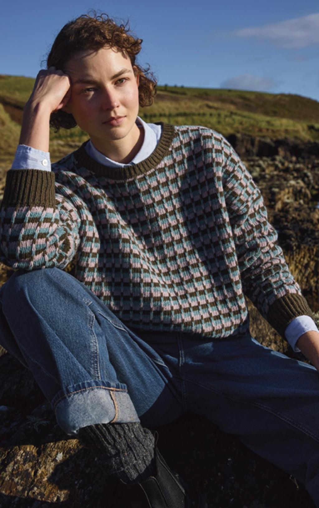 Fisherman out of Ireland Olive & Blush / Lilac Slouchy Lambswool Jumper