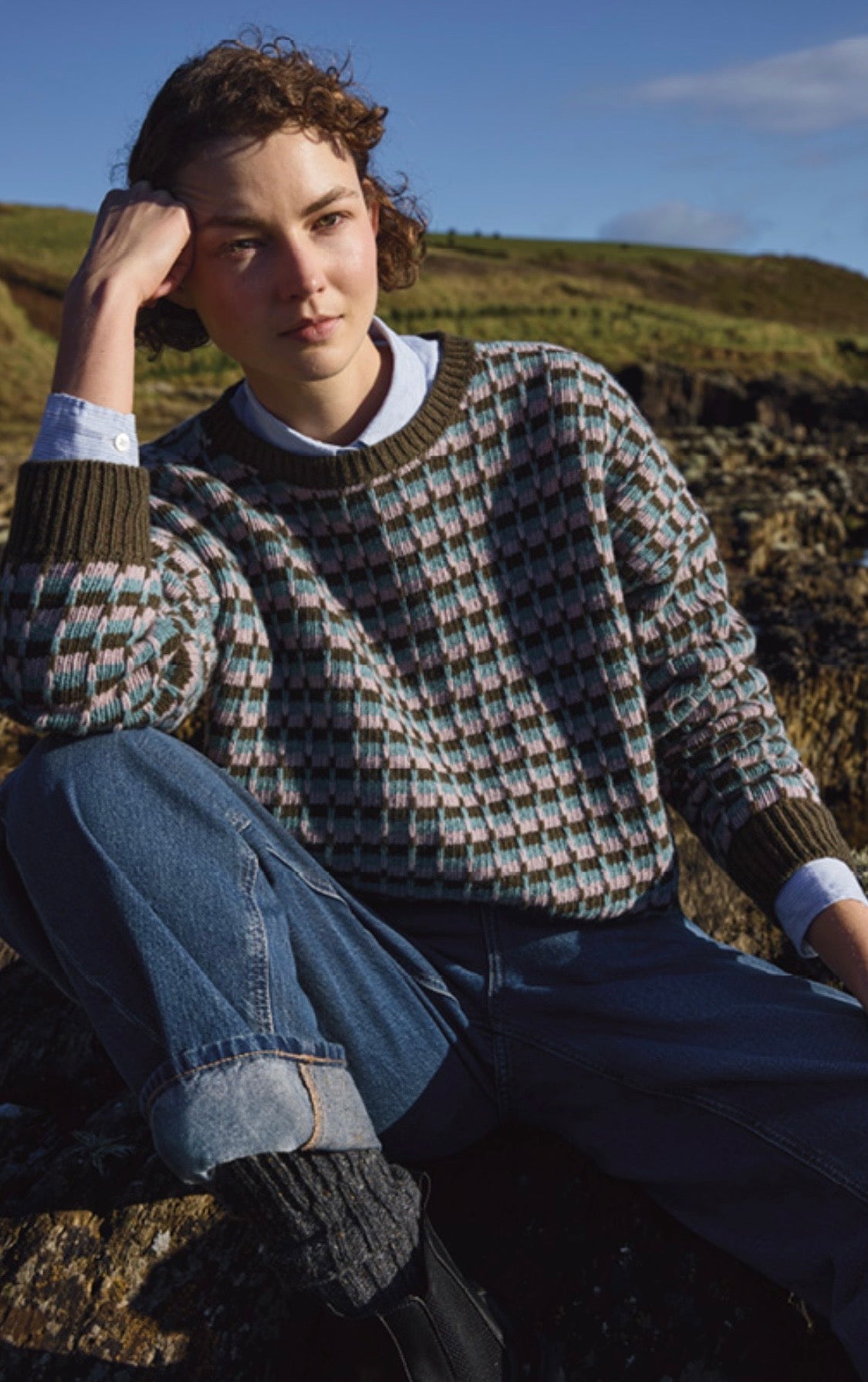 Fisherman out of Ireland Olive & Blush / Lilac Slouchy Lambswool Jumper